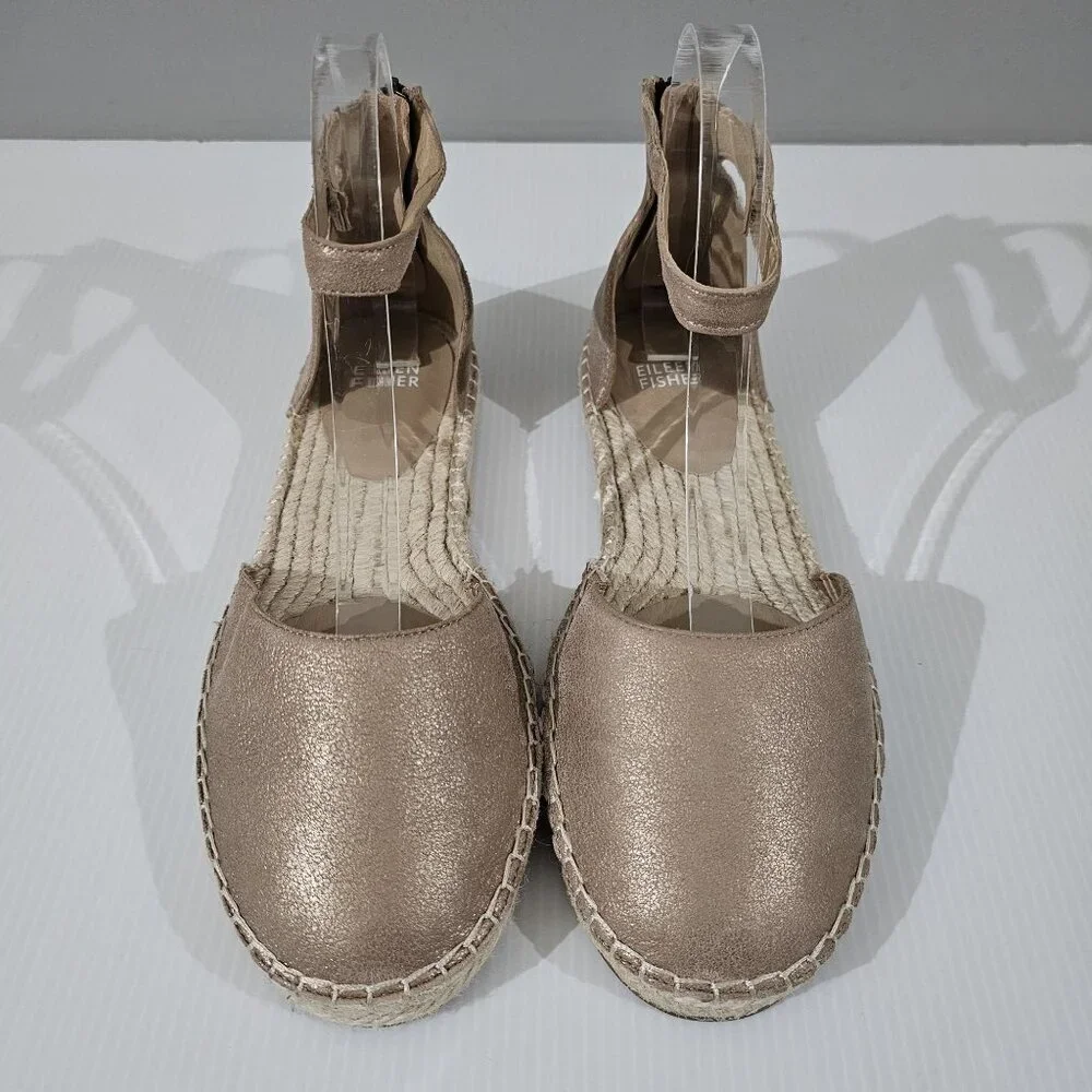Eileen Fisher Lala Flat Espadrille Womens 8.5 Tan Metallic Leather Sandal NEW